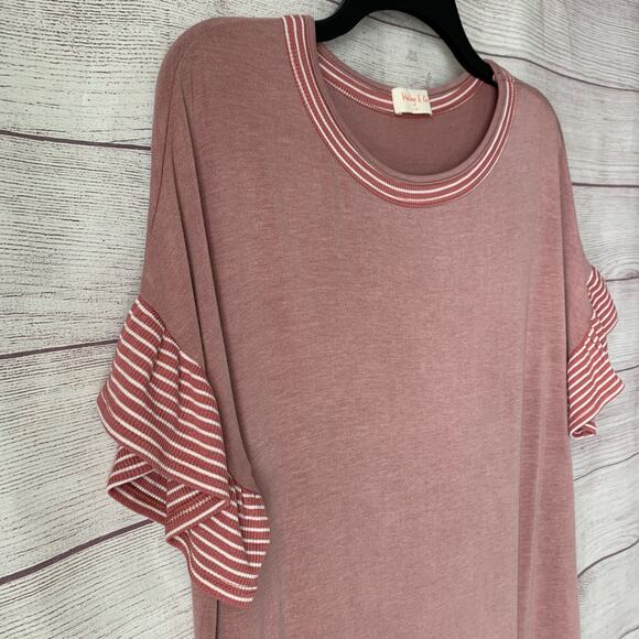 Hailey & Co Mauve Pink Short Sleeve Blouse with Striped Ruffle Cuffs Size L - Picture 5 of 12